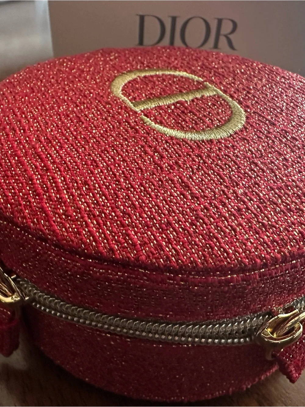 Dior Red Round Jewelry Case with Gold Logo